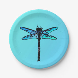 Vintage Japanese Dragonfly, turquoise blue Paper Plates