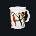 Vintage Japanese drawing, Cardinals on a branch Beverage Pitcher<br><div class="desc">Digitally enhanced vintage Japanese water color of a pair of cardinals,  male and female,  on a branch,  with autumn leaves and berries</div>