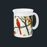 Vintage Japanese drawing, Cardinals on a branch Beverage Pitcher<br><div class="desc">Digitally enhanced vintage Japanese water color of a pair of cardinals,  male and female,  on a branch,  with autumn leaves and berries</div>