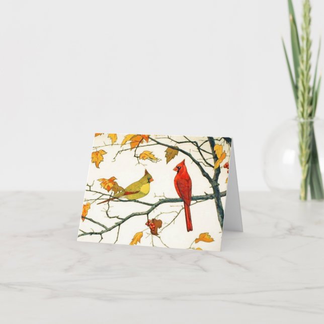 Vintage Japanese drawing, Cardinals on a branch Card (Front)