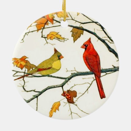 Vintage Japanese drawing Cardinals on a branch Ceramic Ornament