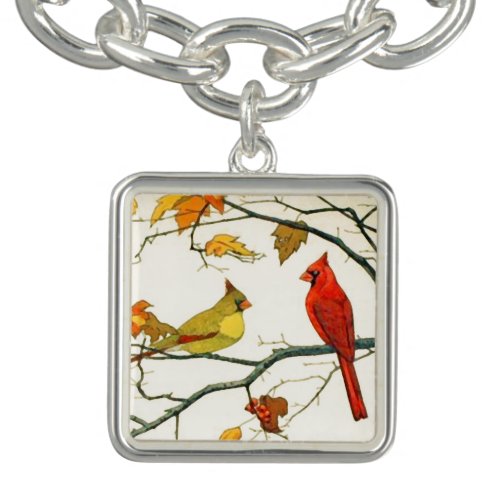 Vintage Japanese drawing Cardinals on a branch Charm Bracelet