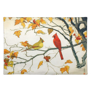Vintage Japanese drawing, Cardinals on a branch Cloth Placemat