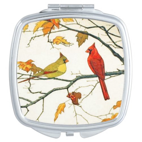 Vintage Japanese drawing Cardinals on a branch Compact Mirror