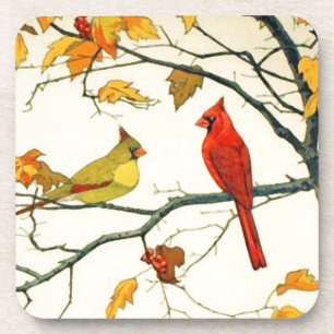 Vintage Japanese drawing, Cardinals on a branch Drink Coaster