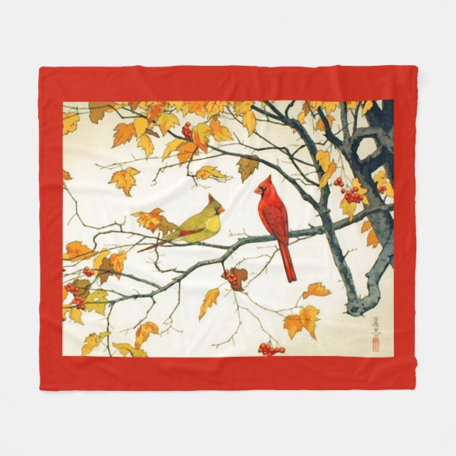 Vintage Japanese drawing, Cardinals on a branch Fleece Blanket (Front (Horizontal))