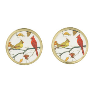 Vintage Japanese drawing, Cardinals on a branch Gold Cufflinks