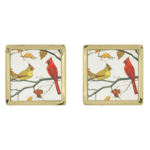 Vintage Japanese drawing, Cardinals on a branch Gold Cufflinks
