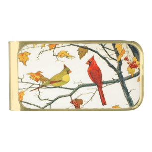 Vintage Japanese drawing, Cardinals on a branch Gold Finish Money Clip