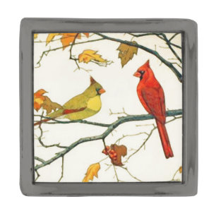 Vintage Japanese drawing, Cardinals on a branch Gunmetal Finish Lapel Pin