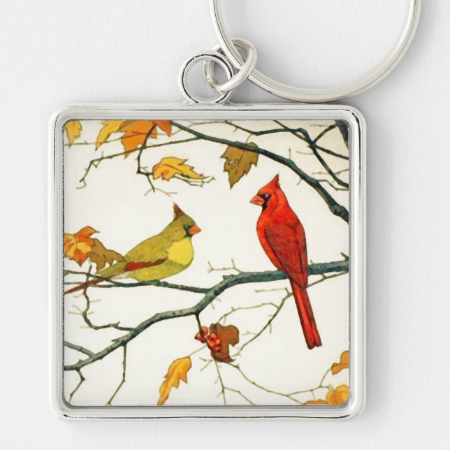 Vintage Japanese drawing, Cardinals on a branch Keychain (Front)