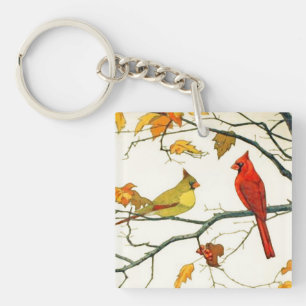 Vintage Japanese drawing, Cardinals on a branch Keychain