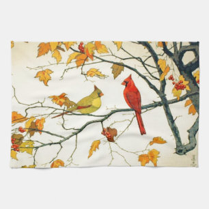 Vintage Japanese drawing, Cardinals on a branch Kitchen Towel