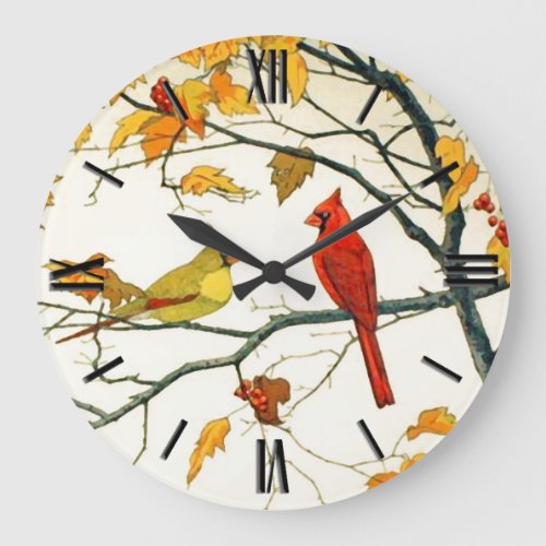 Vintage Japanese drawing Cardinals on a branch Large Clock