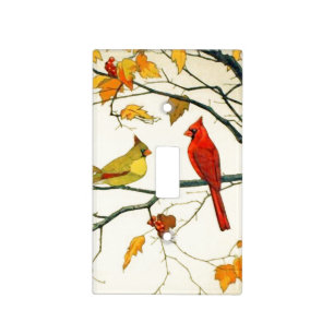 Vintage Japanese drawing, Cardinals on a branch Light Switch Cover
