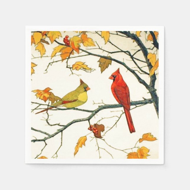 Vintage Japanese drawing, Cardinals on a branch Napkins (Front)