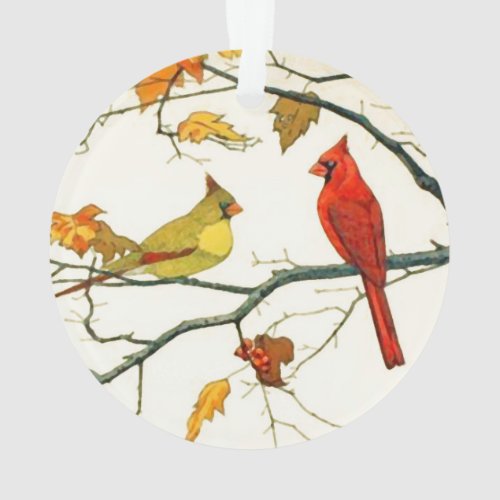 Vintage Japanese drawing Cardinals on a branch Ornament