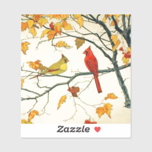 Vintage Japanese drawing, Cardinals on a branch Sticker
