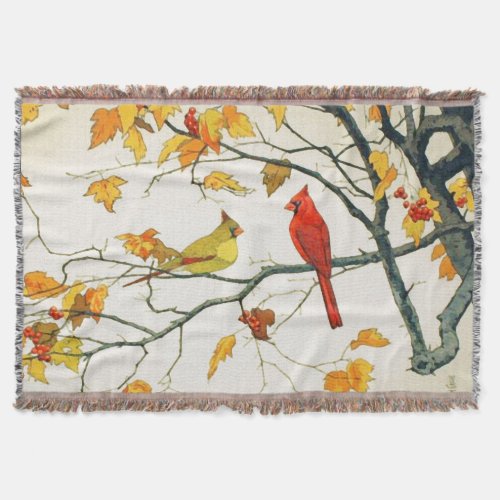 Vintage Japanese drawing Cardinals on a branch Throw Blanket