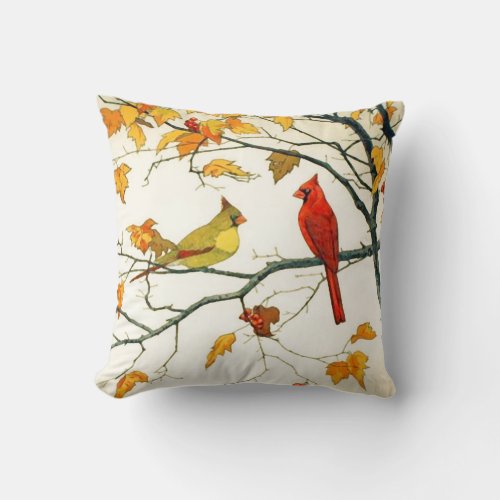Vintage Japanese drawing Cardinals on a branch Throw Pillow