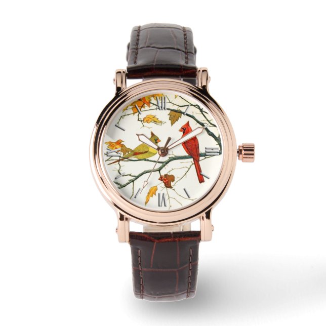 Vintage Japanese drawing, Cardinals on a branch Watch (Front)