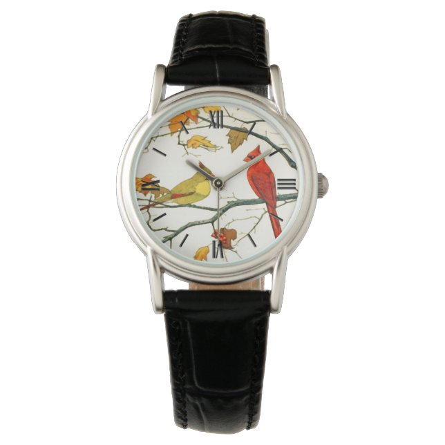 Vintage Japanese drawing, Cardinals on a branch Watch (Front)
