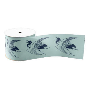 Vintage Japanese Drawing of a Crane, Blue Grosgrain Ribbon