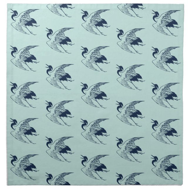 Vintage Japanese Drawing of a Crane, Blue Napkin (Front)