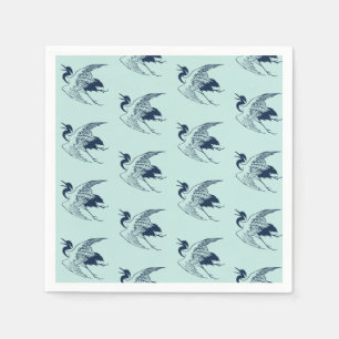 Vintage Japanese Drawing of a Crane, Blue Napkins