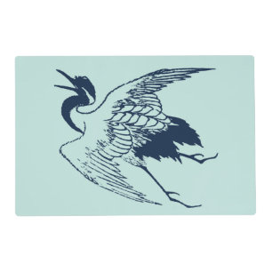 Vintage Japanese Drawing of a Crane, Blue Placemat
