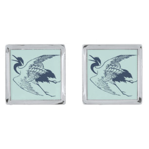 Vintage Japanese Drawing of a Crane, Blue Silver Cufflinks