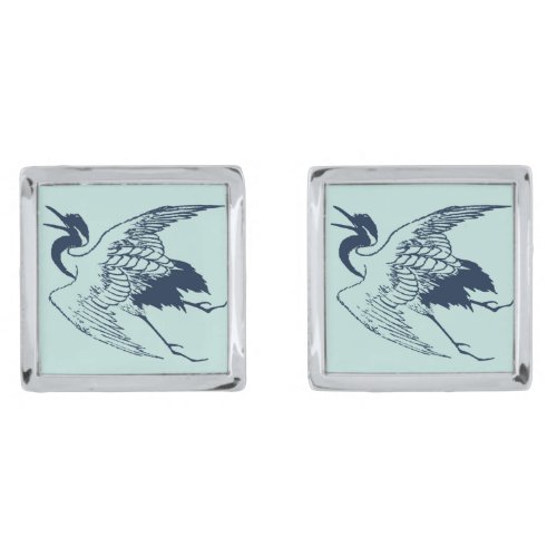 Vintage Japanese Drawing of a Crane Blue Silver Cufflinks