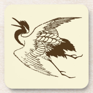 Vintage Japanese Drawing of a Crane, Brown Beverage Coaster