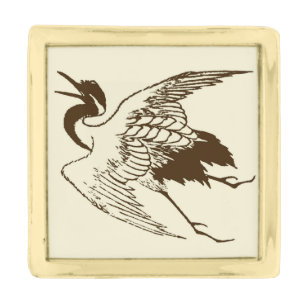Vintage Japanese Drawing of a Crane, Brown Gold Finish Lapel Pin