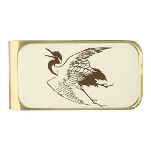 Vintage Japanese Drawing of a Crane, Brown Gold Finish Money Clip