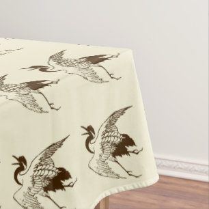 Vintage Japanese Drawing of a Crane, Brown Tablecloth
