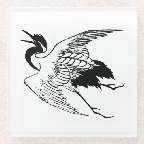 Vintage Japanese Drawing of a Crane Glass Coaster