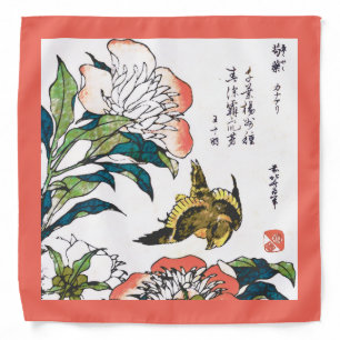 Vintage Japanese drawing, Peonies and Sparrow Bandana