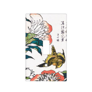 Vintage Japanese drawing, Peonies and Sparrow Light Switch Cover
