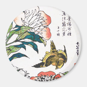 Vintage Japanese drawing, Peonies and Sparrow Magnet