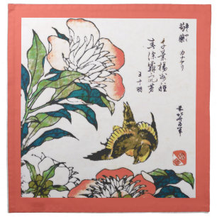 Vintage Japanese drawing, Peonies and Sparrow Napkin