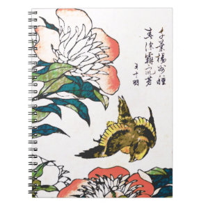 Vintage Japanese drawing, Peonies and Sparrow Notebook