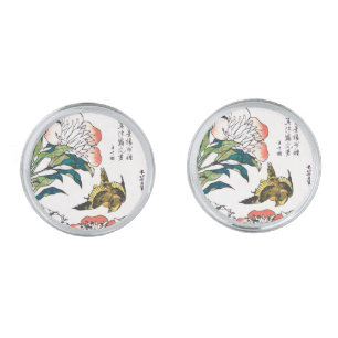 Vintage Japanese drawing, Peonies and Sparrow Silver Cufflinks