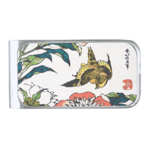 Vintage Japanese drawing, Peonies and Sparrow Silver Finish Money Clip