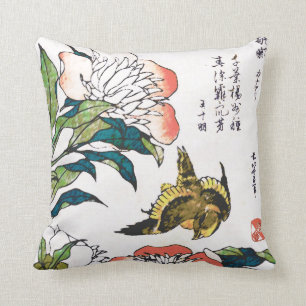 Vintage Japanese drawing, Peonies and Sparrow Throw Pillow