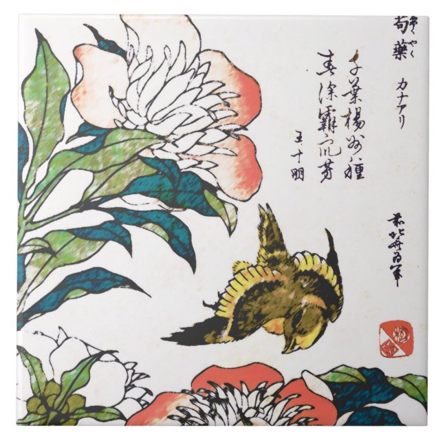 Vintage Japanese drawing, Peonies and Sparrow Tile (Front)