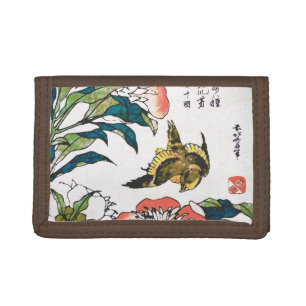 Vintage Japanese drawing, Peonies and Sparrow Trifold Wallet