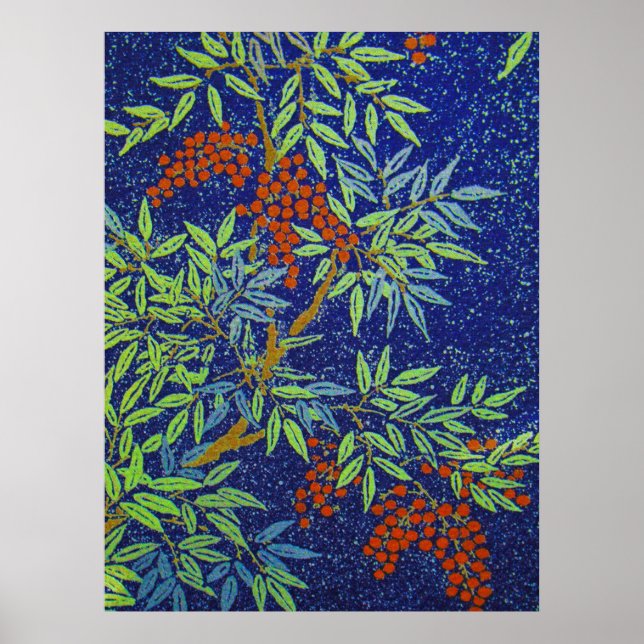 Vintage Japanese Fabric - Berries and Leaves Poster (Front)