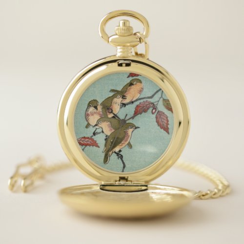 Vintage Japanese Fine Art  Green Birds Pocket Watch