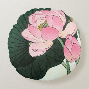 Vintage Japanese Fine Art - Pink Lotus Flower Round Pillow